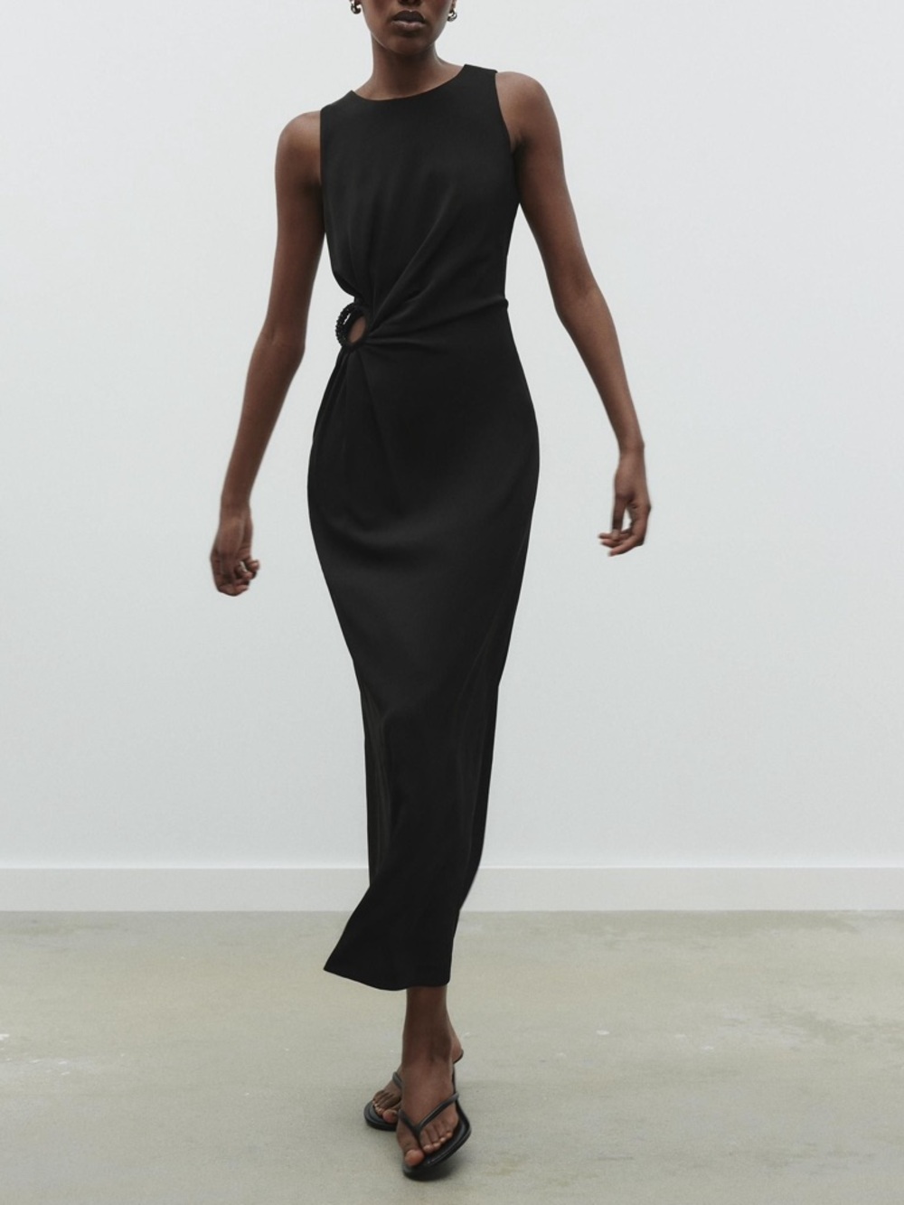 Zara Black Minimalist Maxi Dress Beaded Circl Cutout Sleeveless Medium